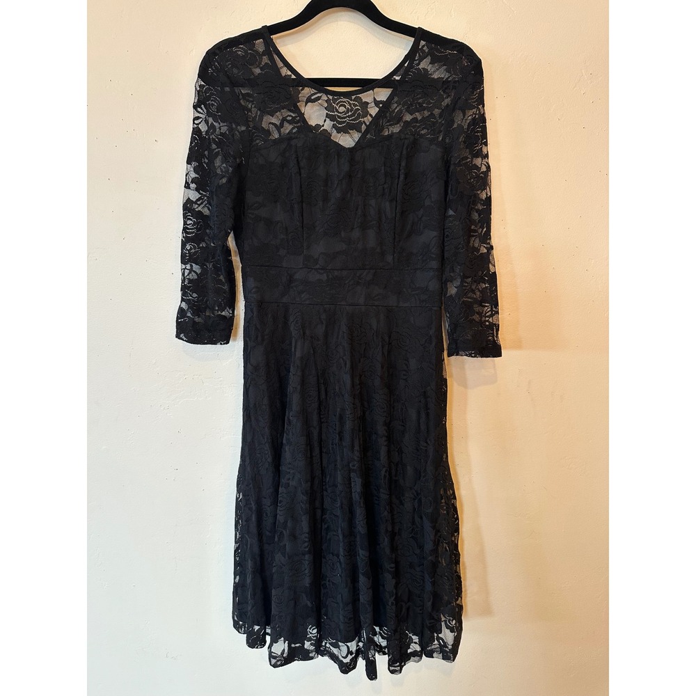 Y2K Black Floral Lace Fit and Flare Dress Whimsigoth Grunge Punk 3/4 Sleeve Sm